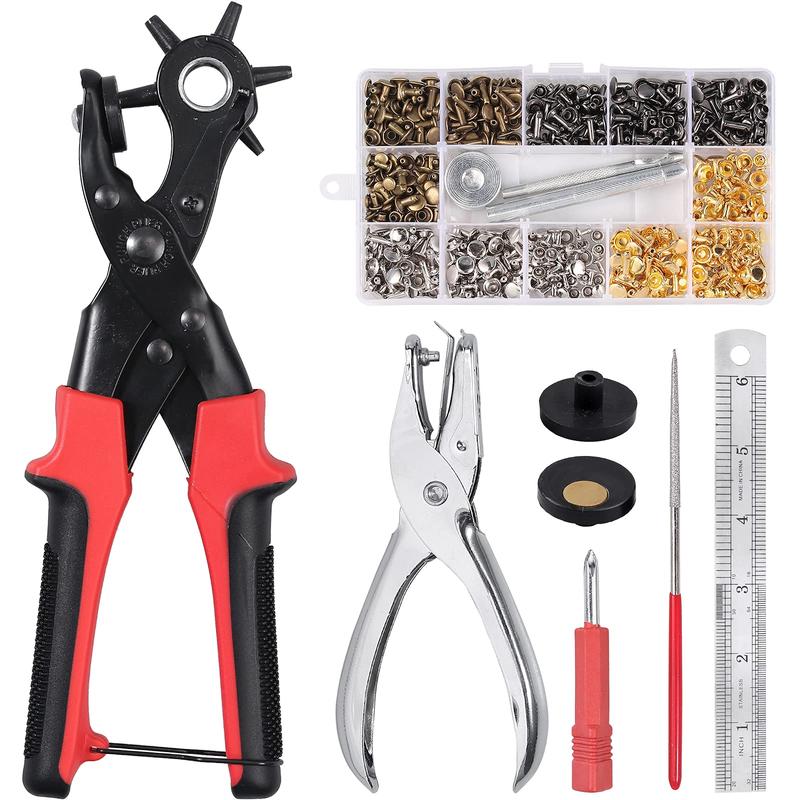240Pcs Heavy-Duty Leather Hole Punch Kit with Punch Plier & Double Cap Rivets (4 Colors, 3 Sizes) - DIY Leather Repair Tool Set for Belts, Shoes, Bags, Jackets - Metal Rivet Tool Kit with Color-Coded Caps, Compatible with Fabric