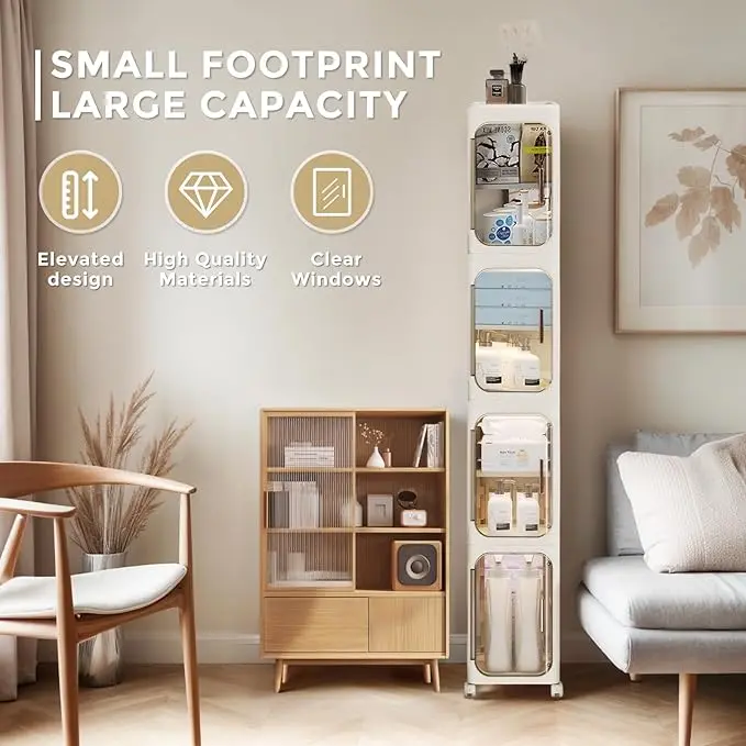 4-Tier Tall Narrow Storage Cabinet, Plastic Slim Storage Organizer with Doors and Adjustable Shelves, Wheels, Stackable & Collapsible Storage Cabinet for Small Spaces, Bathroom, Kitchen#SummerWins #DealsForYouDays