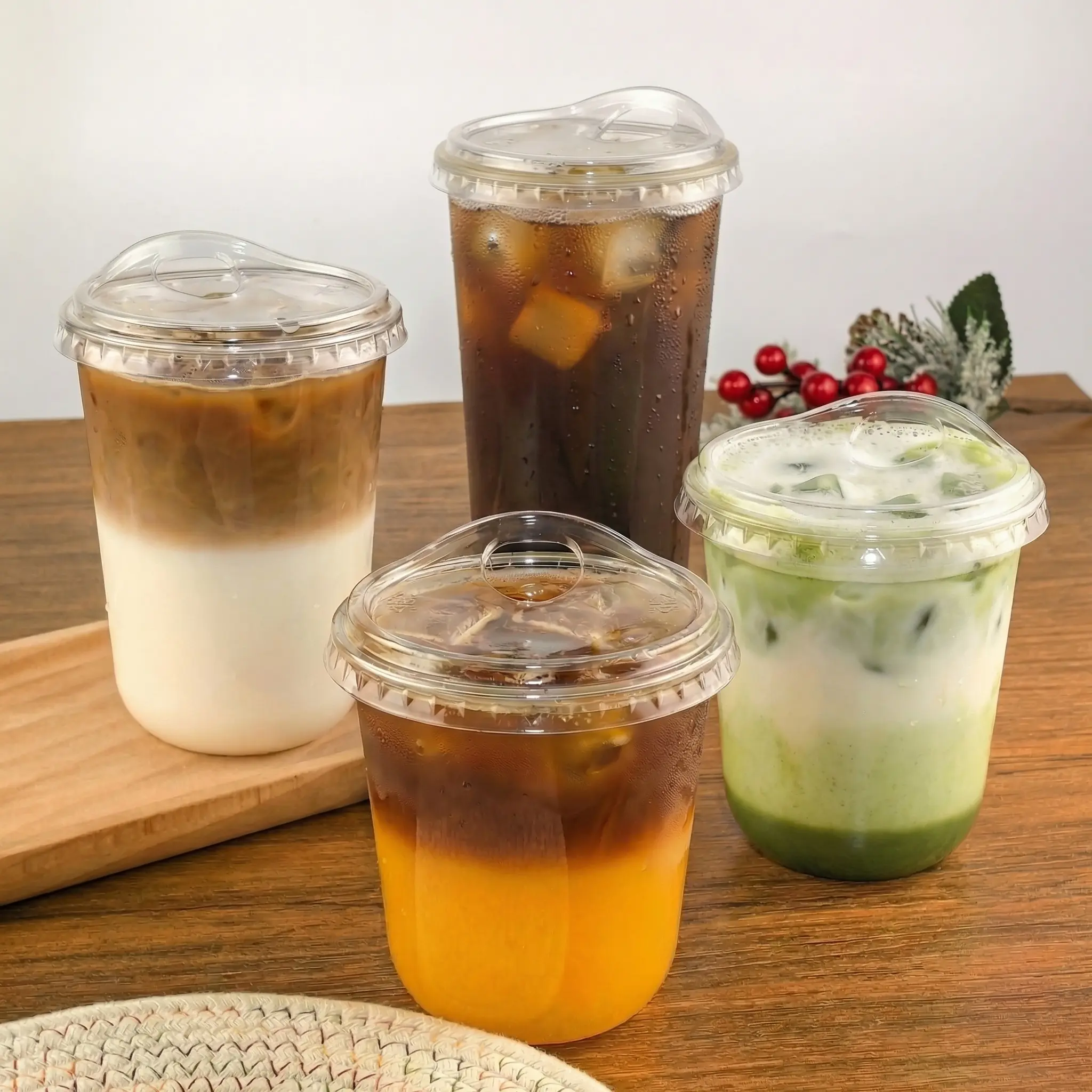 50-Set Lightweight Polyethylene Terephthalate Disposable Cup Lid Set - Milk Tea, Iced Coffee Cups, Straws, Water Bottles for Restaurants/Home, Coffee Time, Any Occasion Kitchen Drinkware