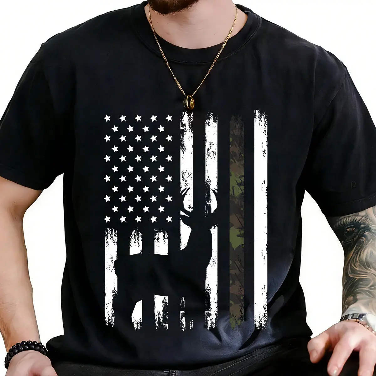 Men's American Flag Deer T-Shirt - 100% Cotton 180G/230G Tee, Camo Accent, Relaxed Fit Short-Sleeve Patriotic Hunting Streetwear Casual Top, Made in USA [CoreVarsity.us Hoodie Option]
