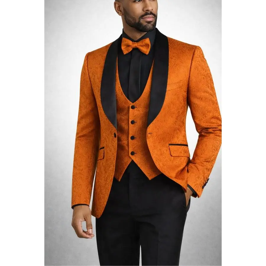 Burnt Orange Floral Brocade Slim Fit 3-Piece Tuxedo