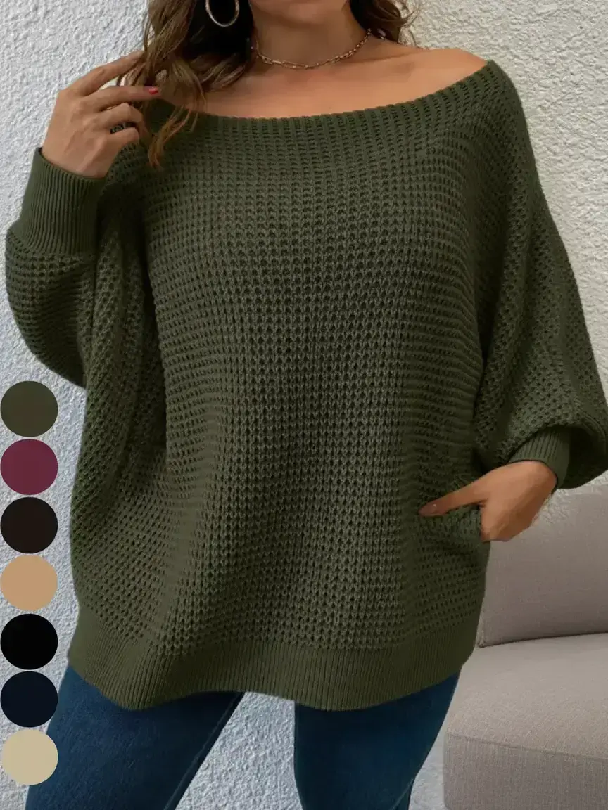 Plus Size Solid Batwing Sleeve Boat Neck Sweater Knitwear, Casual Long Sleeve Jumper for Fall, Plus Size Clothing for Daily Wear, Womenswear