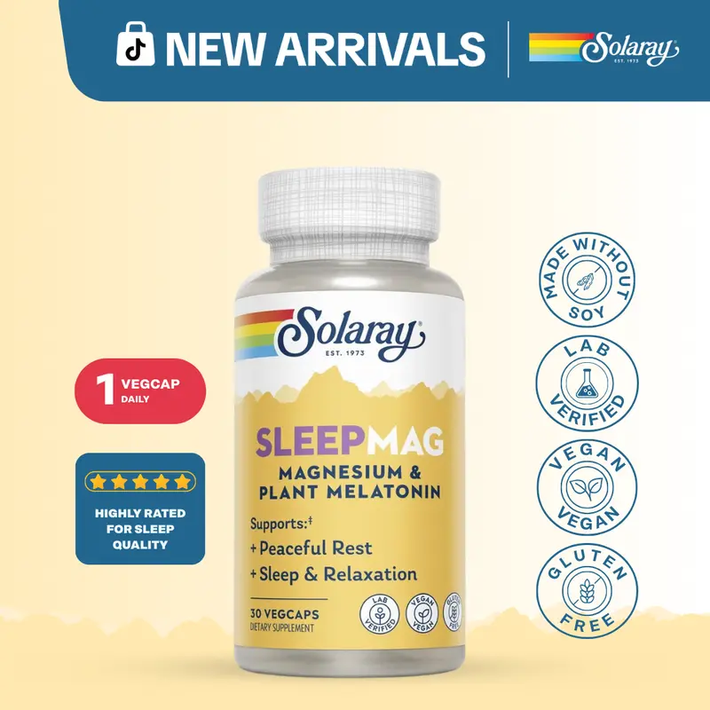 Solaray SleepMag Magnesium Glycinate & Plant-Based Melatonin Capsules for Adults – Mood, Relaxation & Sleep Support Supplement
