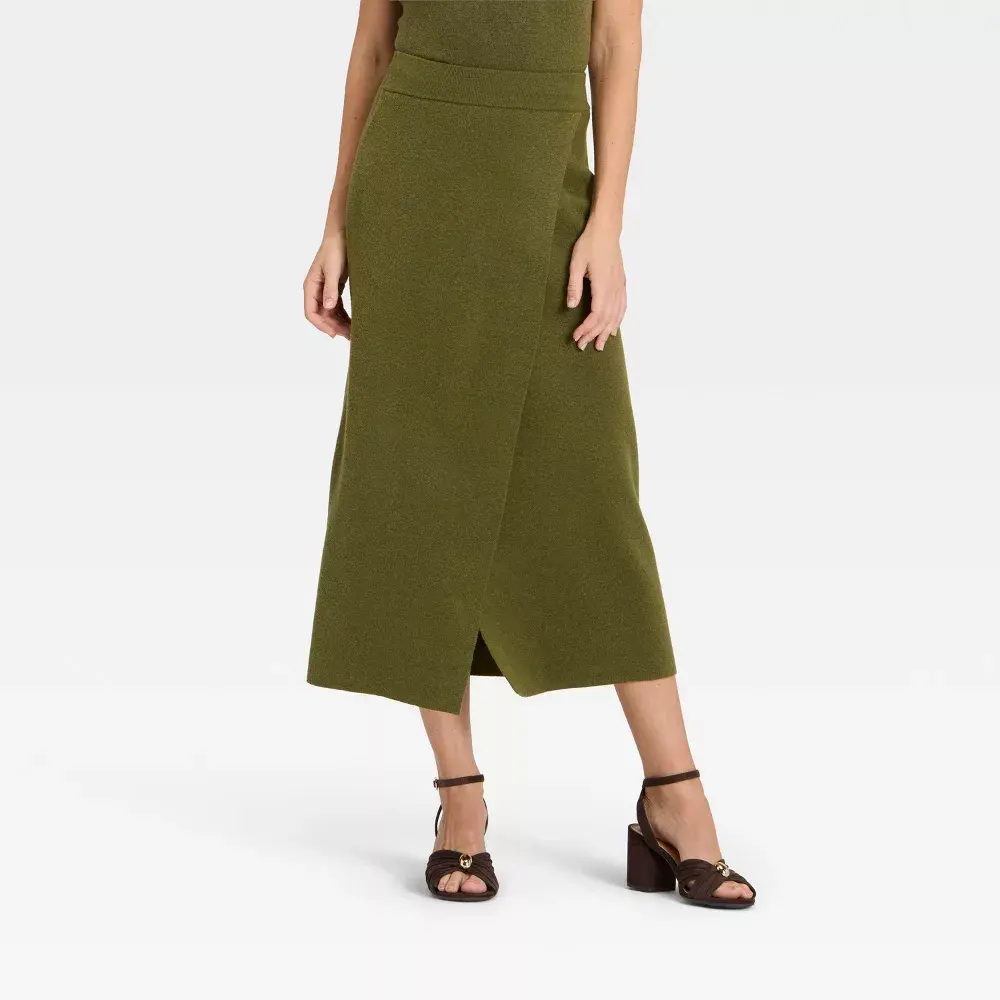 Women's Chic Wrap Column Midi Skirt - A New Day, Polyester Fabric, Versatile Style for Pairing with Tees or Crop Tops, Blouse