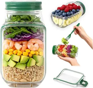 Salad Container for Lunch-Salad Jar with Side Opening and Leakproof Seasoning Layer, Portable Salad Container for Lunch, Meal Prep, Travel, Office, and Outdoor Use