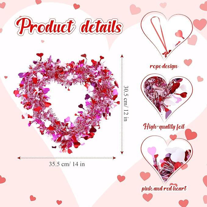 Valentine's Day Decoration Heart Wreath 8/6/3 Pcs Pink Heart Shaped Wreath for Front Door Romantic Decor Tinsel Heart Door Hanger Wreath for Window Wall Fireplaces Anniversarry Wedding Birthday Party Home Kitchen Cabinet Indoor Outdoor Spring Decor