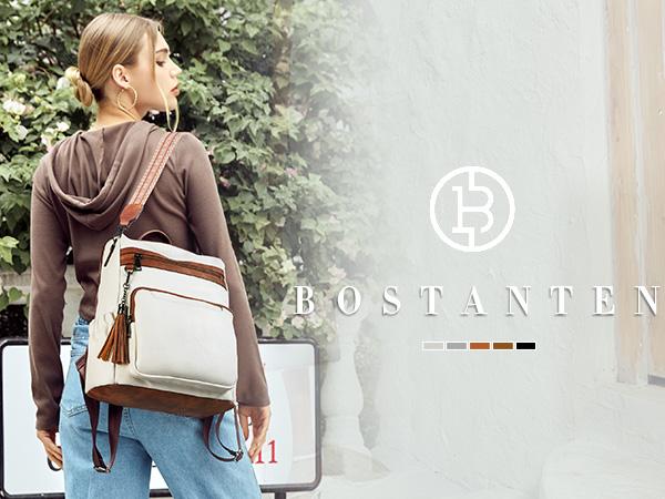 BOSTANTEN Backpack for Women Leather Womens Backpack Purse 2PCS Laptop Backpack Large Ladies Shoulder Bags with Wristlet