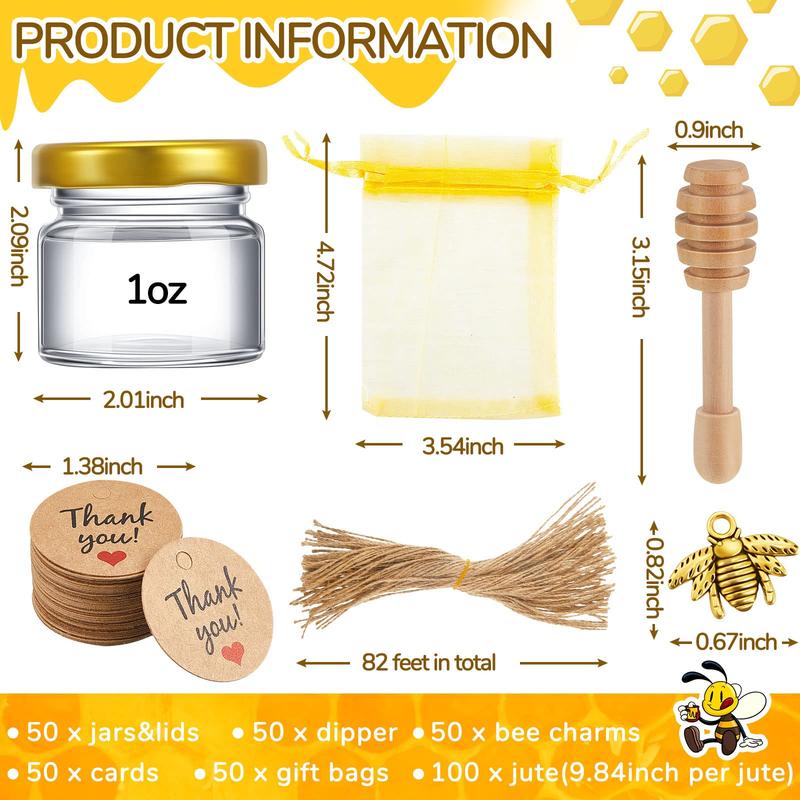 50 Pcs Mini Honey Jar Set Baby Shower Prize Glass&Plastic Jars with Wooden Dipper Bee Charms Thank You Cards Burlap fabric Twine String Thank You Gift for Couple Guest,Bridal Shower Baby Shower Party Decorations,Anniversary Birthday Wedding Gifts