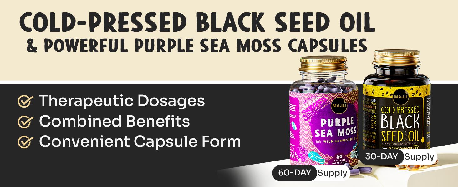 MAJU Immune Glow Duo - Black Seed Oil Capsules (60ct) & Purple Chondrus crispus Sea Moss Capsules (60ct) Edible Dietary Healthcare Supplement Fitness Healthy Skin Natural Wellness Vitamin