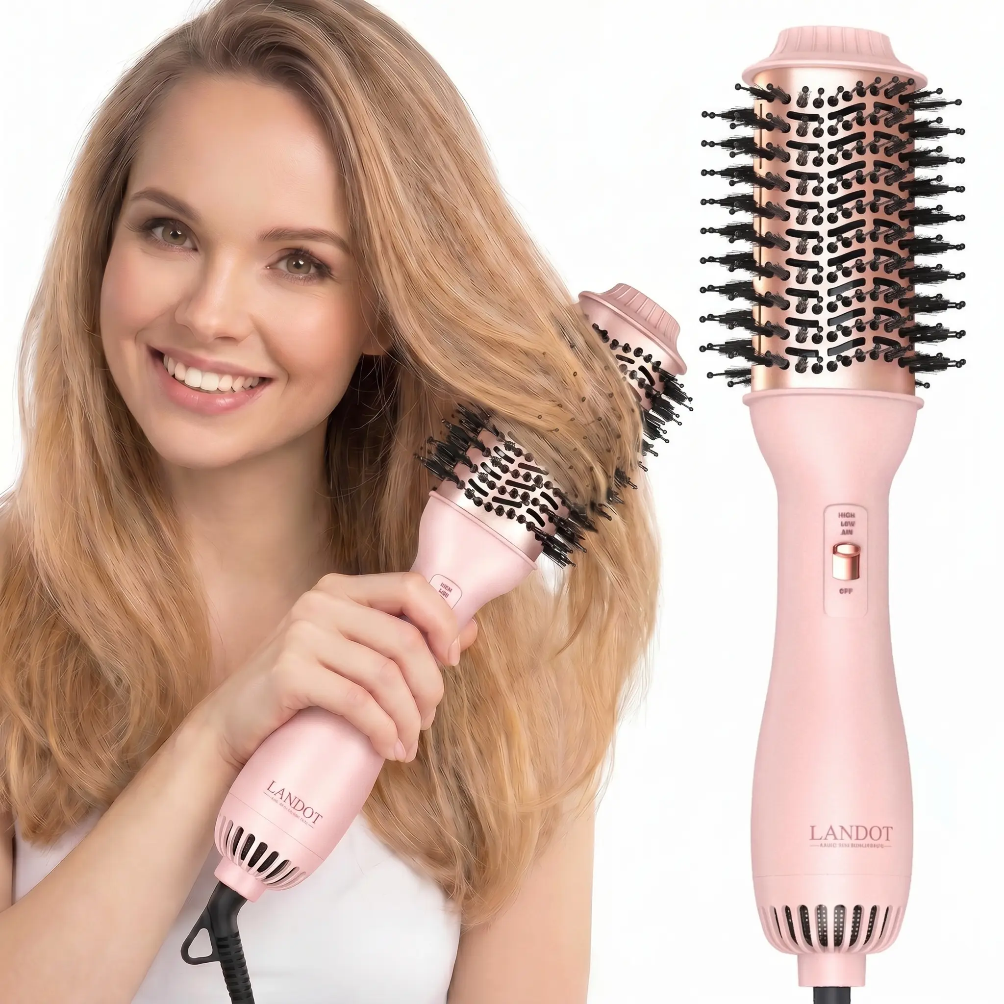 LANDOT 2-in-1 Ionic Blow Dryer Brush & Titanium Straightening Set - 3 Heat/2 Speed Hot Air Styler, Fast Drying, Smoothing, Volume, Anti-Frizz Salon Results, All Hair Types, Rose Gold Pink Plug-In Heated Comb
