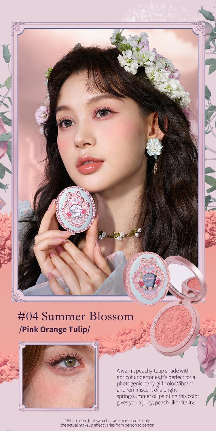 Flower Knows Midsummer Fairytales Collection Embossed Blush, Floral Velvet Embossed Blush Powder, Brightening Velvet Blush Makeup for All Skin Types, #Summervibes