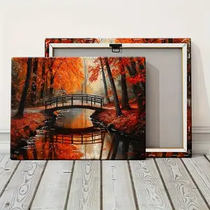 2D Flat 1 Canvas Painting with Wooden Frame A Small Wooden Bridge Over The Stream in Autumn 2 Modern Style Decorative Poster for Modern Room Home Bedroom And Interior Decoration Wall Decoration	