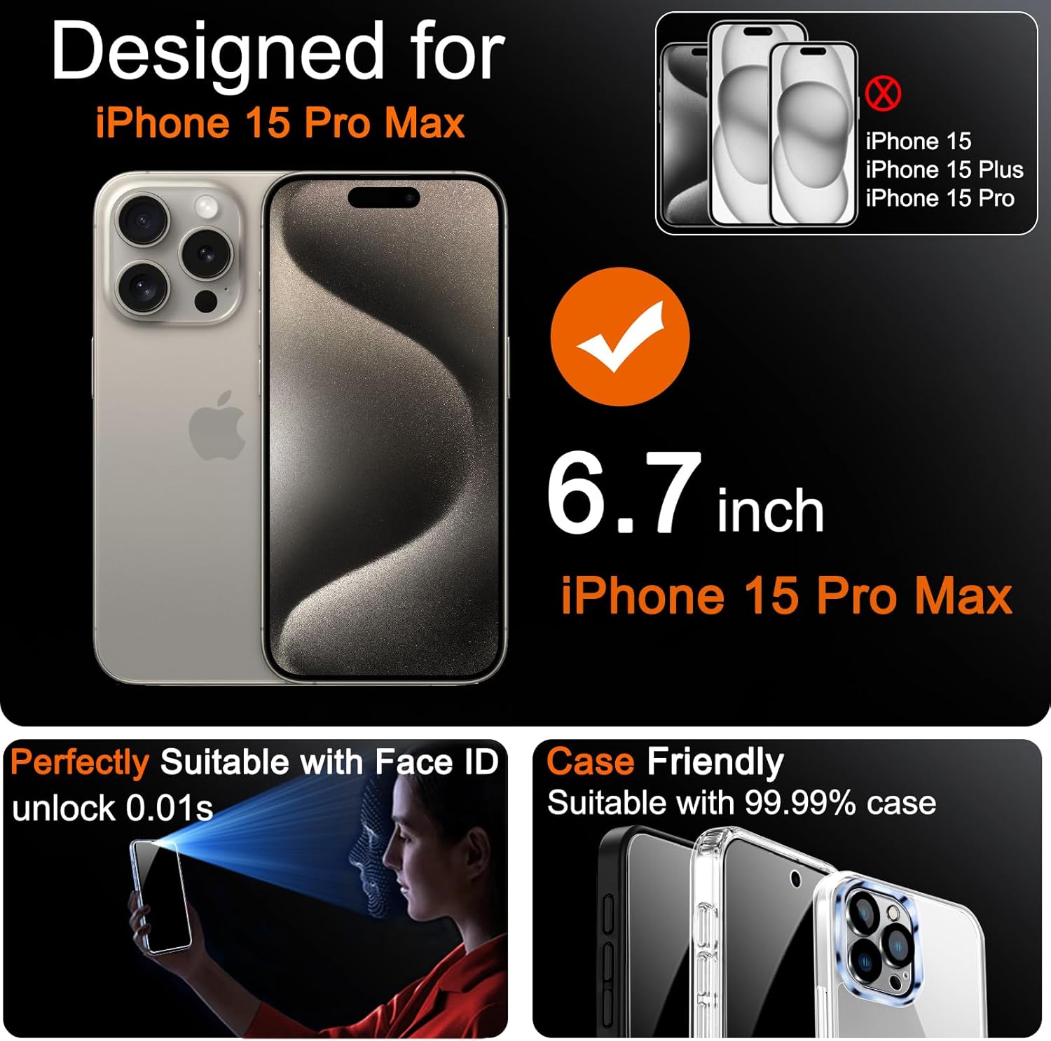 3-Pack Privacy Screen Protector for iPhone 15 Pro Max with 3-Pack Tempered Glass Camera Lens Covers – 9H Hardness, Case-Friendly, Mounting Frame, 2.5D Curved Edge, Black