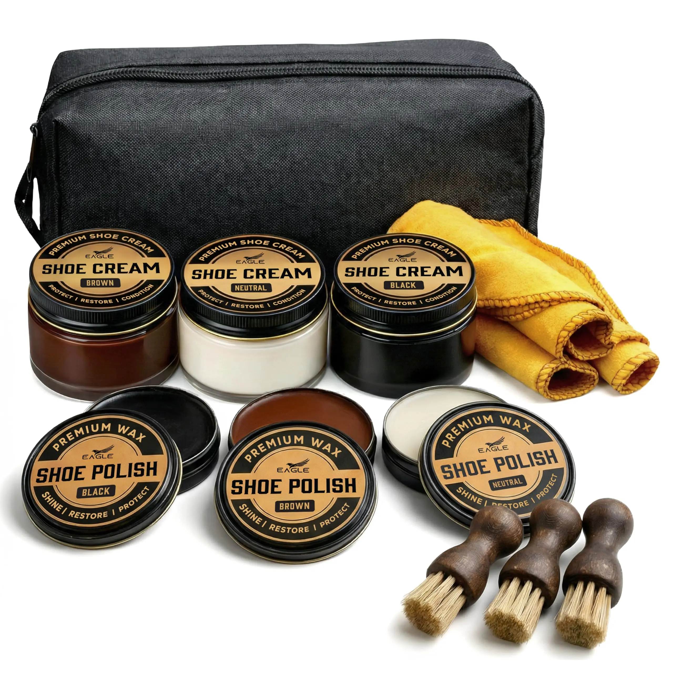 Eagle 13-Piece Shoe Polish Kit – Black, Brown & Neutral Shoe Wax & Boot Cream with Dauber Brushes and Shine Cloths – Leather Shoe Shine & Care Kit