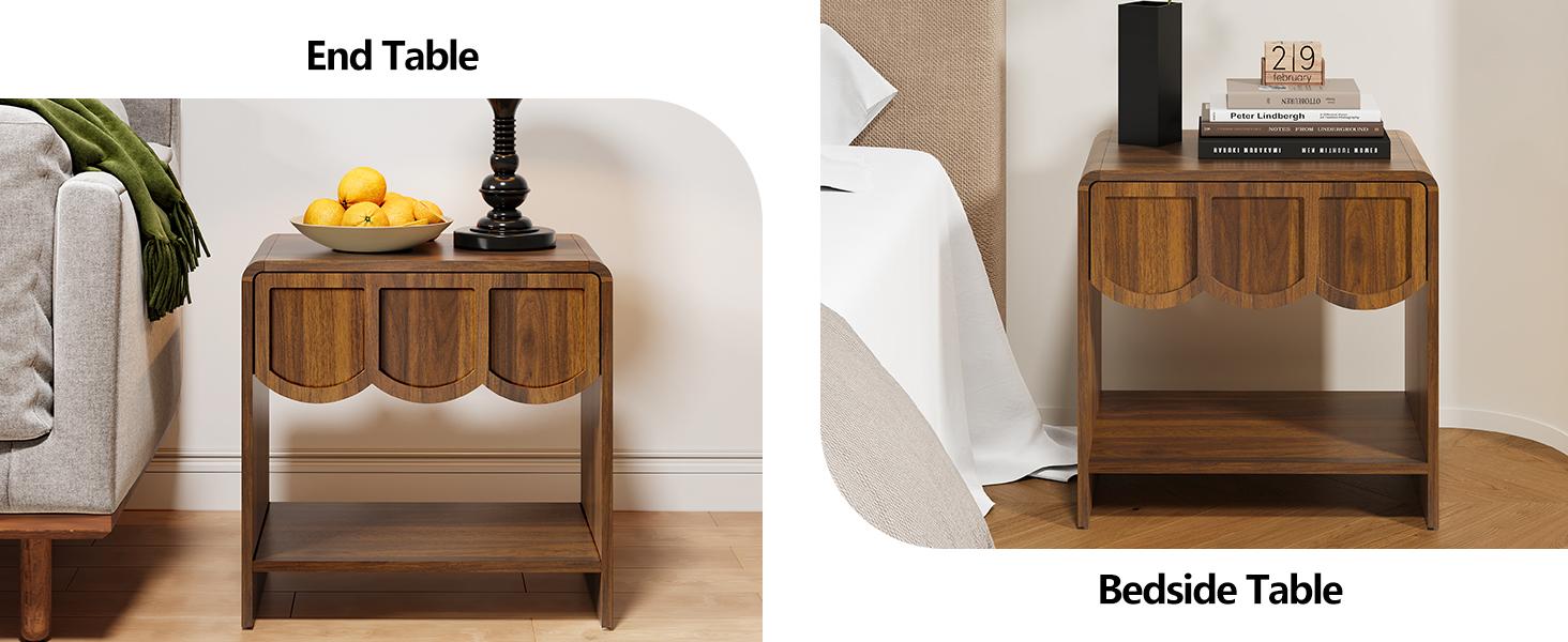 Giratree Small Night Stand, Mid Century Modern Farmhouse Wood Nightstand with Wave Panel Drawer, Bed Side End Table for Small Space, Living Room