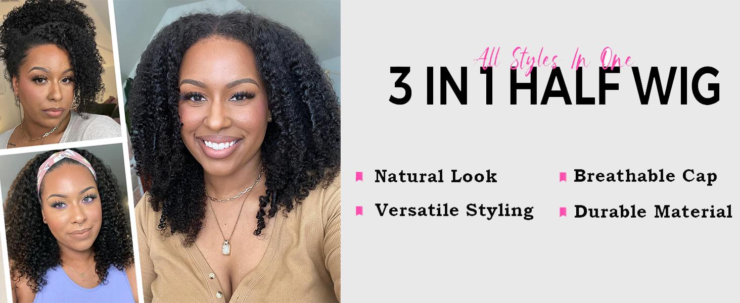 Kinky Curly Half Wig Human Hair 200% Density 3 In 1 Half Wig With Drawstring Seamless Clip Glueless Wear and Go Headband 100% Human Hair  Wig Beginner Friendly For Women valentines gifts for gf
