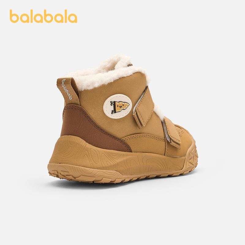 Balabala Kids Fleece-Lined Snow Boots Tan Grey Thick Warm Anti-Slip Winter Walking Shoes with Rubber Sole & Secure Hook-And-Loop Straps for Safety & Comfort