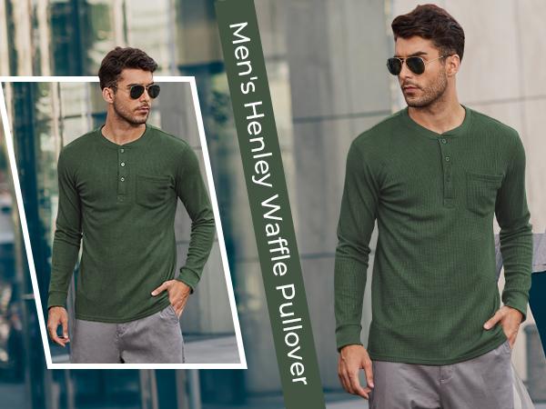 Fall Outfits Limited Time Clearance Men's Henley Shirts Long Sleeve Basic Waffle Pique Pullover Thin T-Shirt with Pocket（Run Small)