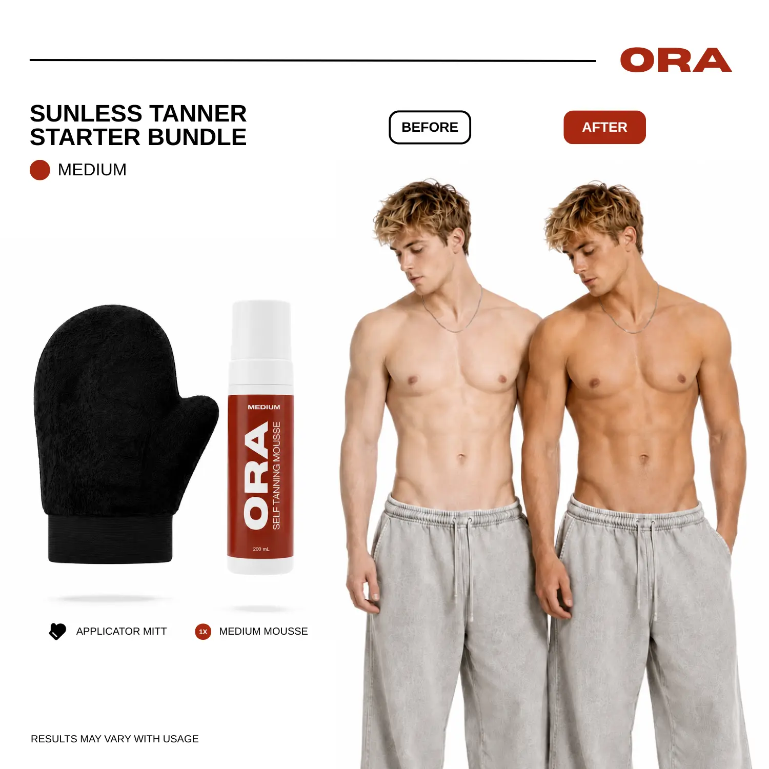 ORA Medium Self Tanning Mousse Starter Kit - 200mL Self Tanner + Premium Velvet Applicator Mitt | Streak-Free Sunless Tanner for Men, Natural Looking Fake Tan, Muscle-Defining, Fast-Drying, Vegan & Cruelty-Free