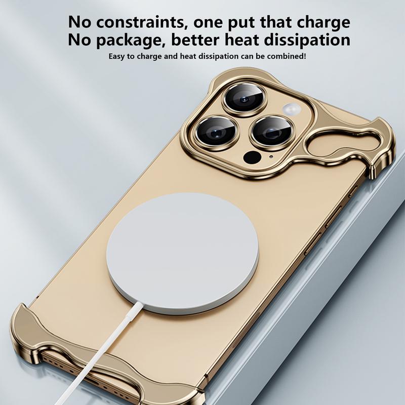 For iPhone 17 16 Pro Max 15 14 13 Metal Frameless Case with Camera Lens Protector Silm Mag Safe Compatible Minimalist Design Aluminum Frameless Protective Bumper Case Shock Absorption Shockproof Cover