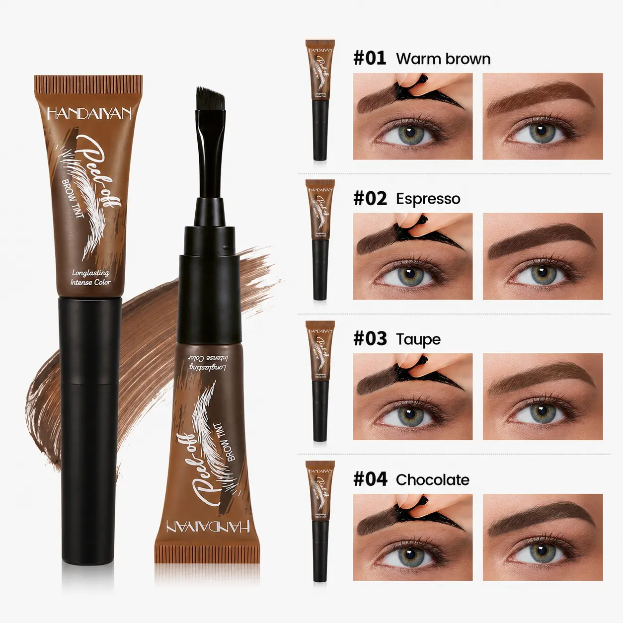 4-Color Peel-Off Brow Tint – 2-Step Application, See Usage Guide – Waterproof, Non-Fading, Long-Lasting Brow Pigment for Precise Definition & Natural Fuller-Looking Brows – Eyebrow Makeup for Women