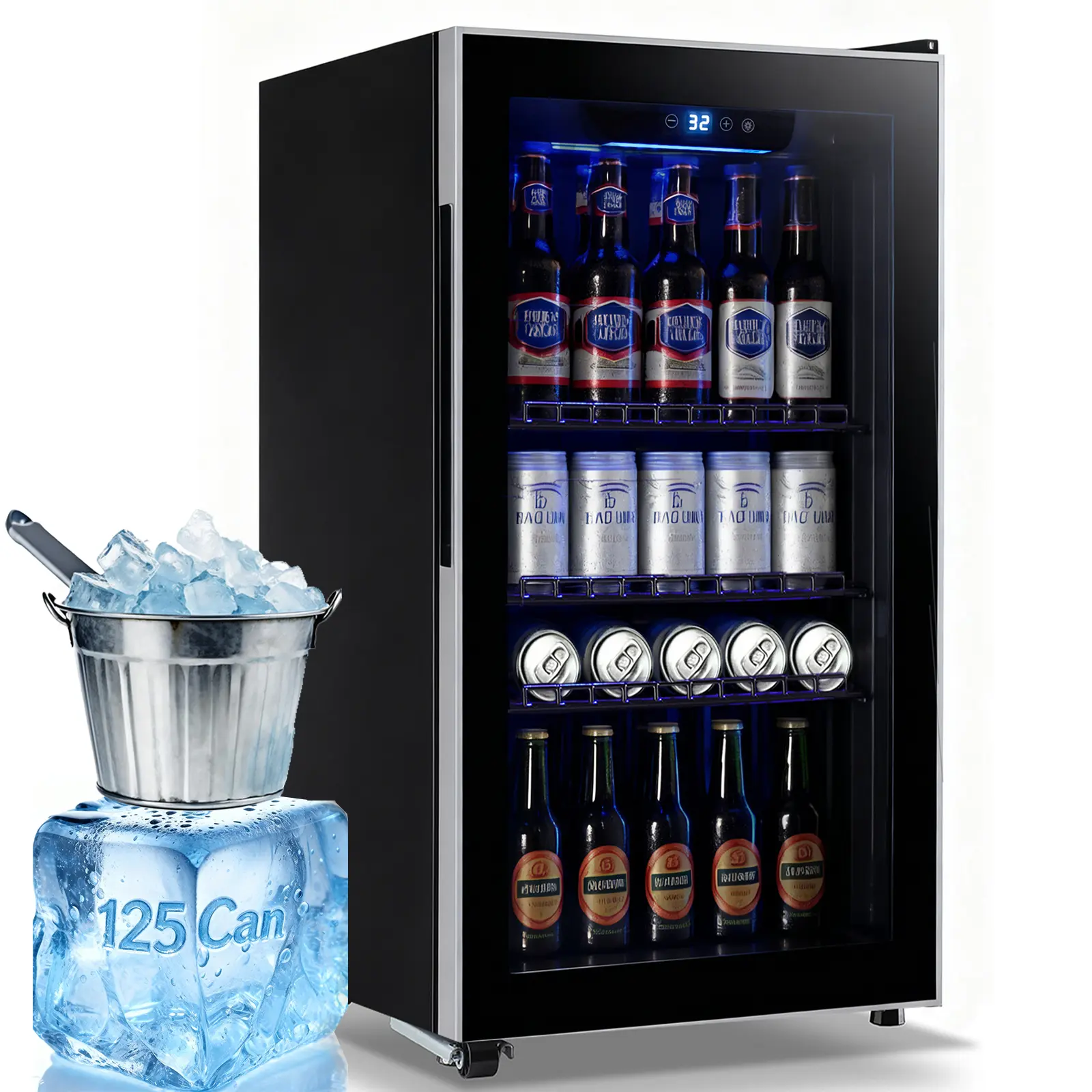 TACOOL 3.6 Cu.ft Portable Compact Mini Fridge with Glass Door & LED Lighting - 125-Can Drink Chiller for Home, Office, Small Spaces, Parties, Handle