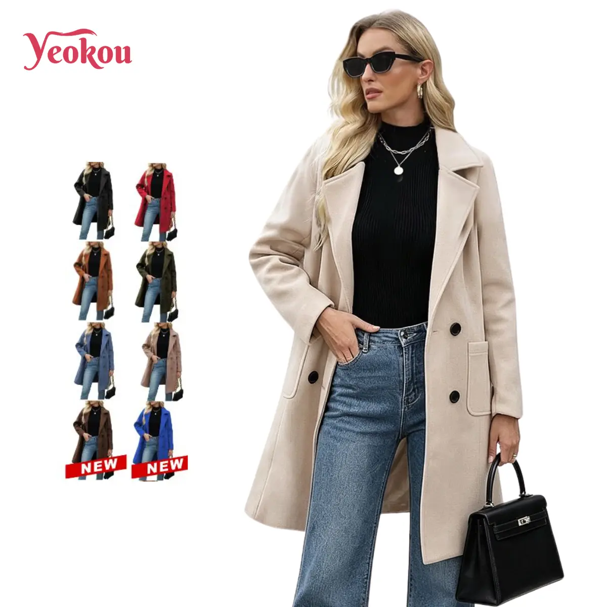 Yeokou Women's Double-Breasted Wool-Blend Fabric Peacoat - Elegant, Thick, Warm Mid-Length Winter Overcoat with Notch Lapel, Black, Blue, Chic Work, Button, New Year, Pocketed, Rayon, Trench Coat, Check