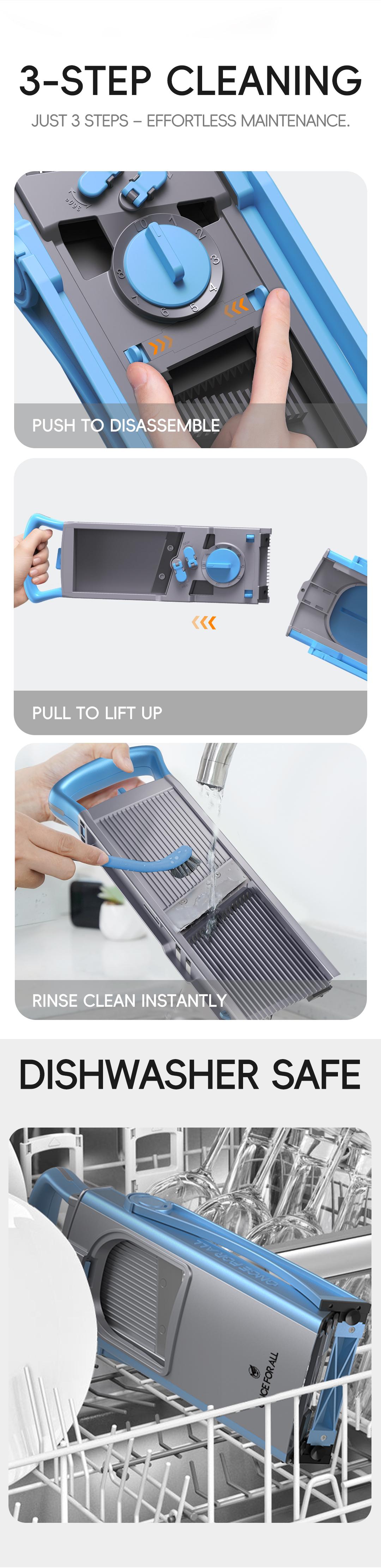 Three step cleaning and dishwasher safe vegetable slicer