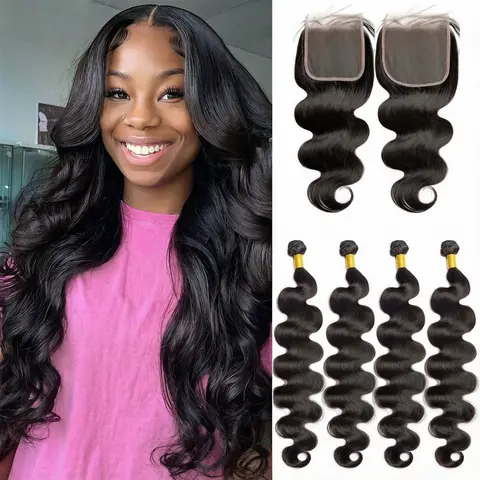 Women's 10A Grade Unprocessed Remy Human Hair Bundles with 5x5 Lace Closure - Machine Weft Hairpieces, Double Weft Sew in Bundles, Body Wave, Natural Black Long Extensions