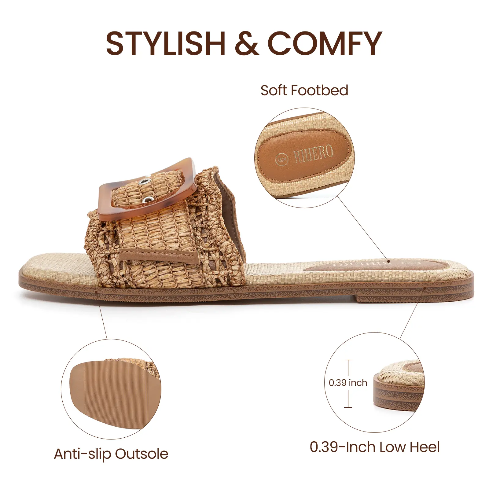 Rihero Women's Woven Raffia Sandals, Casual Square Toe Slides with Adjustable Buckle, Non-Slip Flat Footwear for Summer, Casual Outdoor Sandals, Women's Sandals,back to school,back to school haul