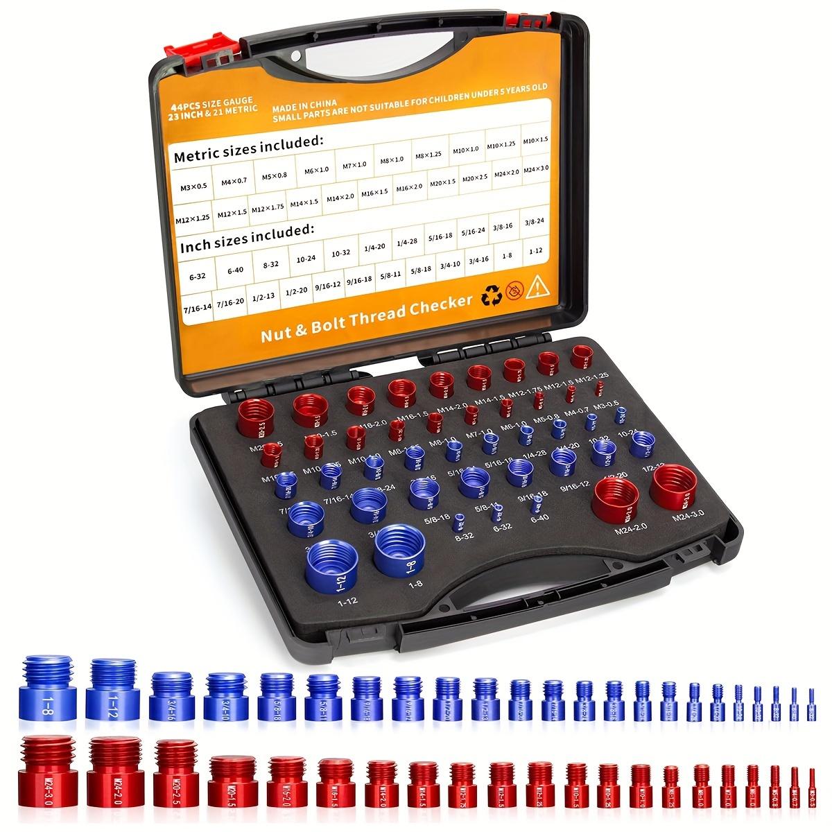 44Pcs Alloy Nut and Bolt Thread Inspector Charge-Free Thread Gauge Metric SAE Size Identification Tool for Inspection of Fixed Bolts or Threaded Holes Multi-Size Nut and Bolt Identifier with Ruler Durable Washable Aluminum Gauge Industrial Measurement