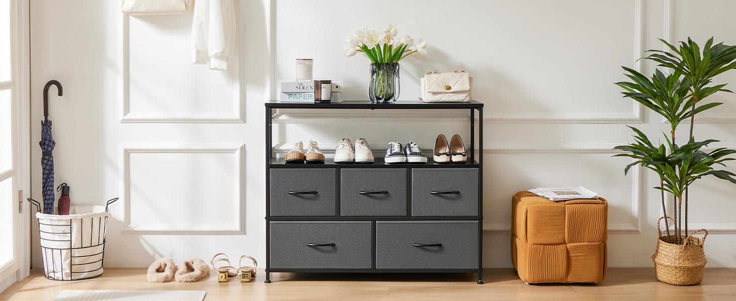 Dresser TV Stand with 5 Fabric Drawers, Media Console Table Entertainment Center with Open Storage Shelf Dresser for Bedroom/Living Room/Hallway Dresser TV Stand with 5 Fabric Drawers, Media Console Table Entertainment Center with Open Storage Shelf Dresser for Bedroom/Living Room/Hallway