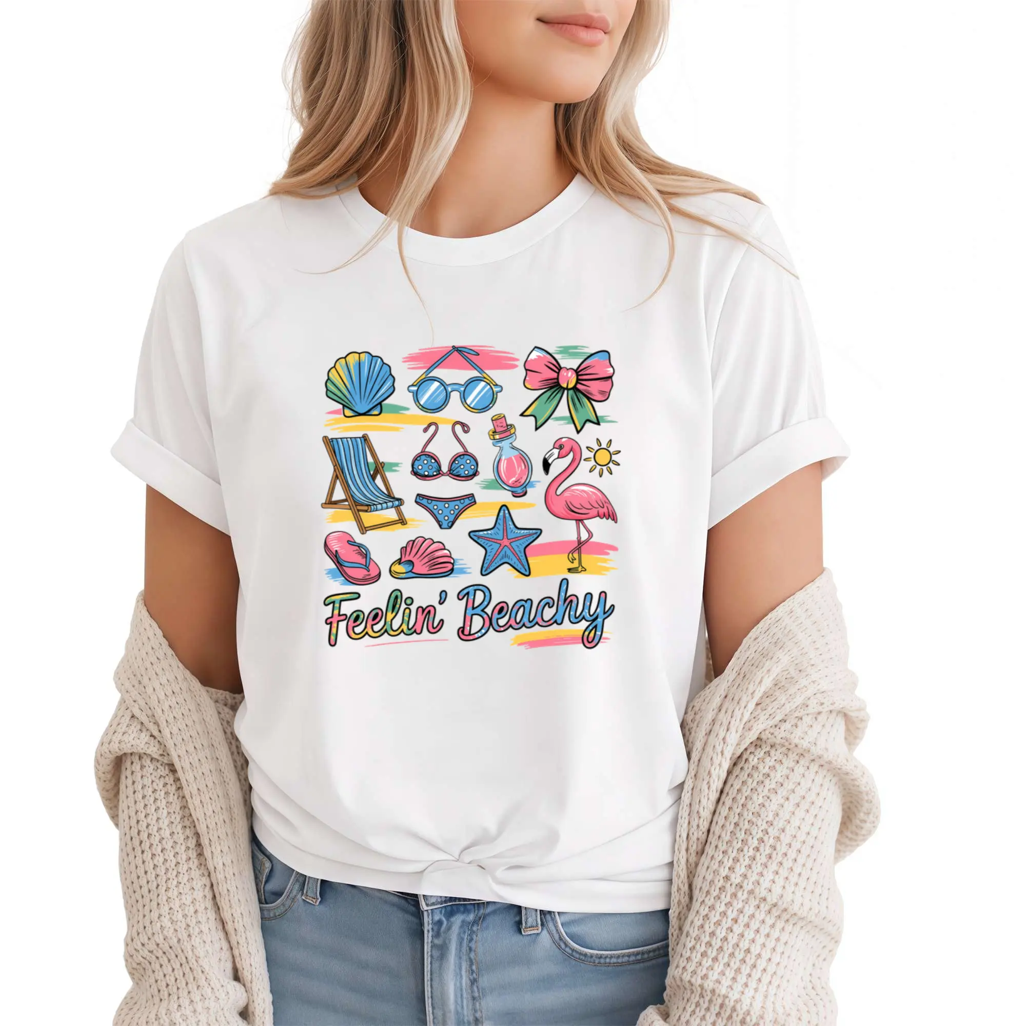 Women's Vintage Cotton Fabric Short-Sleeve Round-Neck T-Shirt - Beach Flamingo Print, Elegant Gift, Perfect Fit for Vacations and Everyday Wear