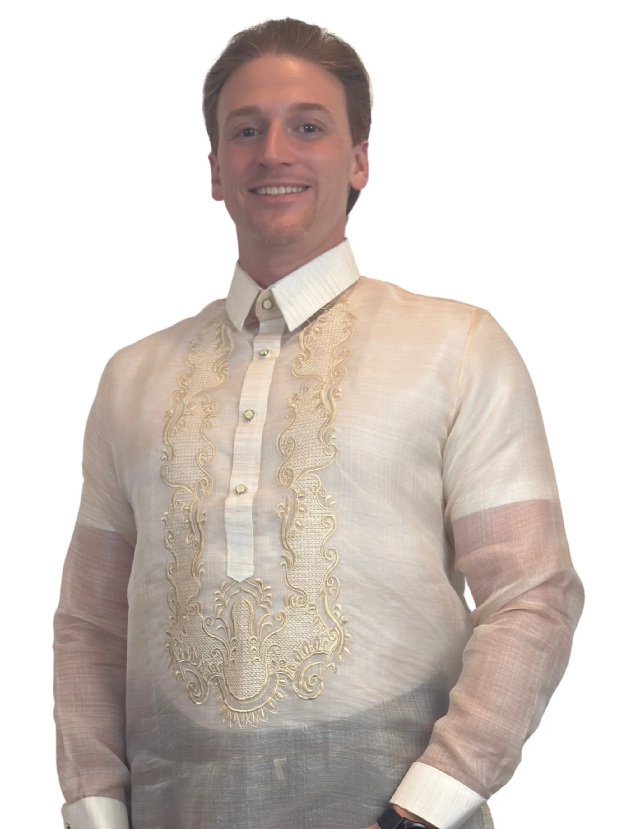 Handmade Kapamilya Barong Tagalog for Men - Long Sleeve Traditional Filipino Shirt - Beige Cocoon Fabric - US Size
