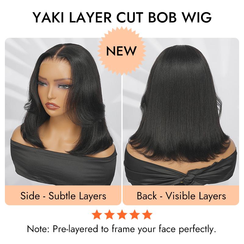 [Spring Essential] Wiggins Hair 220% Density Glueless Layered Cut Yaki Straight Bob Wig 7*5 Lace Closure Wigs Human Hair Ready To Go And 13*4 Lace Front Wig Pre Cut Lace Pre Plucked Beginner Friendly #SpringStatements #WeeklyDeals