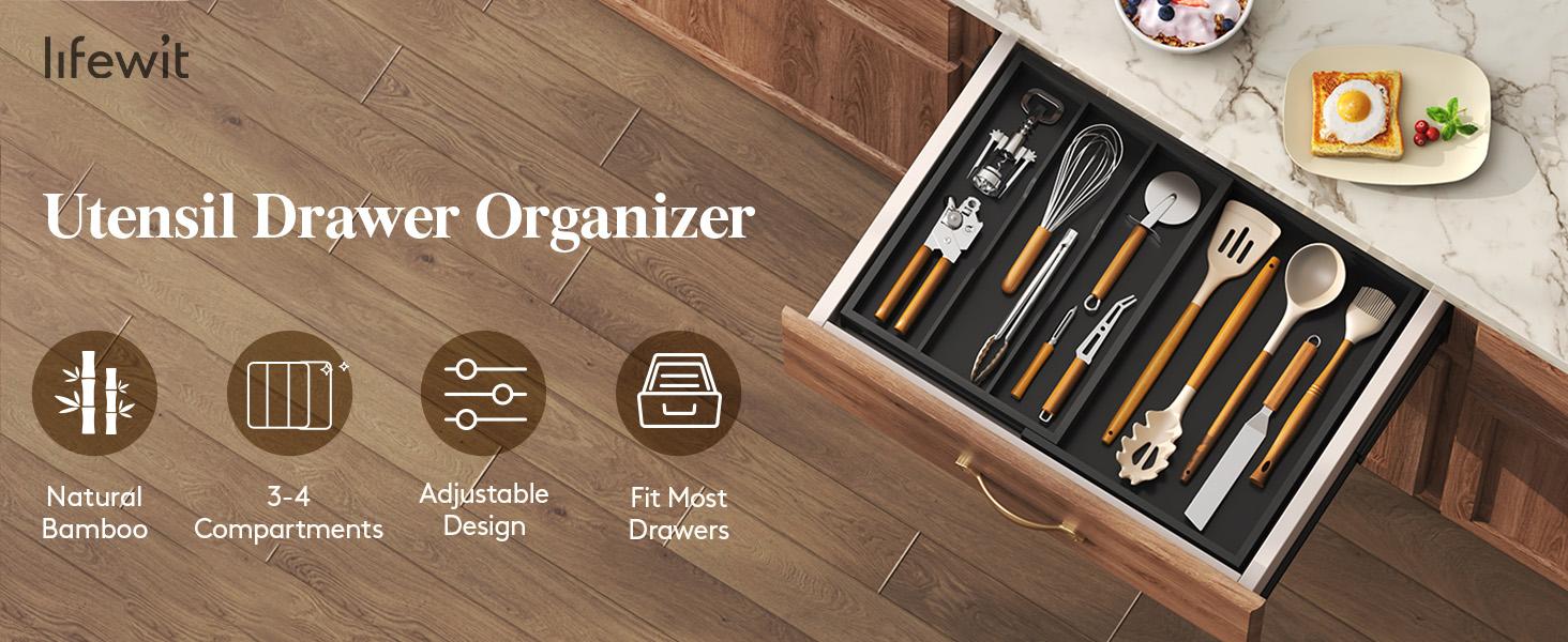 Lifewit 4 Compartments Bamboo Utensil Drawer Organizer, Expendable Cooking Silverware Tray for Kitchen Drawer