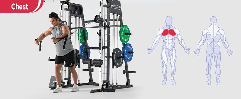 MIKOLO Smith Machine, 2200lbs Squat Rack with LAT-Pull Down System & Cable Crossover Machine, Training Equipment with Leg Hold-Down Attachment Home Gym Station Home Gym AdjustableMIKOLO