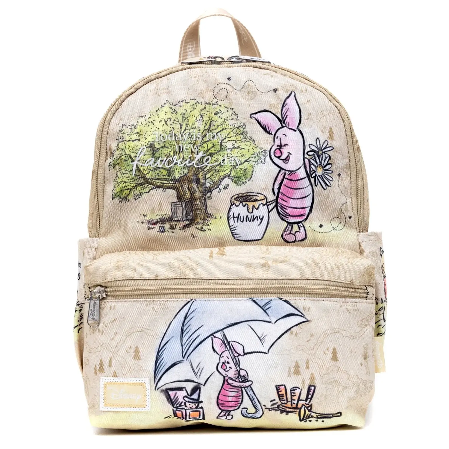 Women's Piglet Print Mini Backpack, Casual Animated Character Nylon Bookbag with Multiple Zippered Pockets