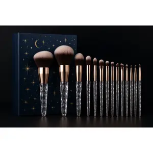 Makeup Brushes 15Pcs Premium Synthetic Bristles Crystal Handle Set Kabuki Foundation Brush Face Lip Eye Makeup Brush Sets Professional with Starry Gift Box (Blue)