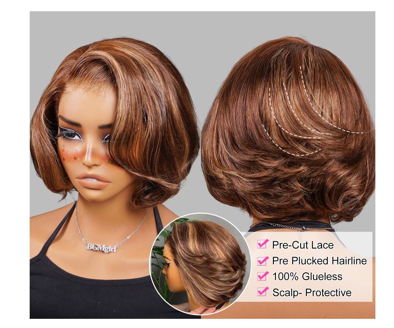 [New In] BGMgirl Blowout Short Bob Straight 7x5 Lace Wear Go Wig Pre-Bleached Tiny Knots Pre-Styled C Part Design Glueless Human Hair Wig Fashion Look eve valentines day gift