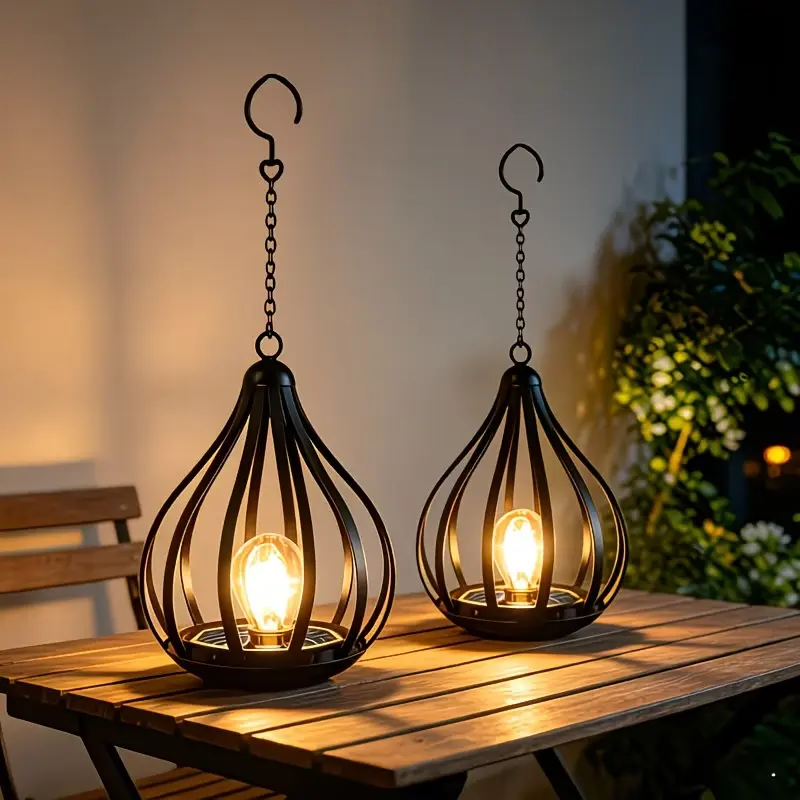 RUIDEL MICHAELS 2-Pack Solar Outdoor Hanging Lights, Lawn Lights, Tear-Drop Bulb Effect Lights, Includes Light Posts, Suitable for Gardens, Courtyards, Lawns, Patios, Umbrellas, Tents, Trees, Yards, Paths, Driveways, Gardens — Warm White Light Solar Light