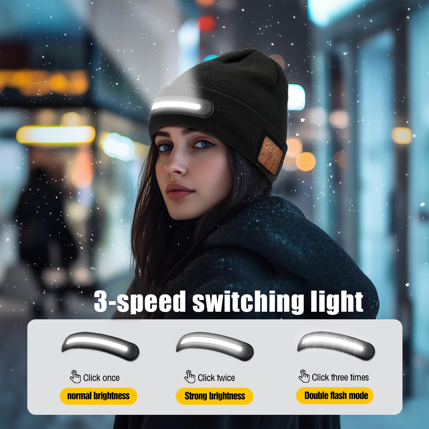 Bluetooth Beanie with a Light, Unisex USB Rechargeable 4 LED Fashlight Hat with Cordless Headphones, Unique Christmas Gifts - Black