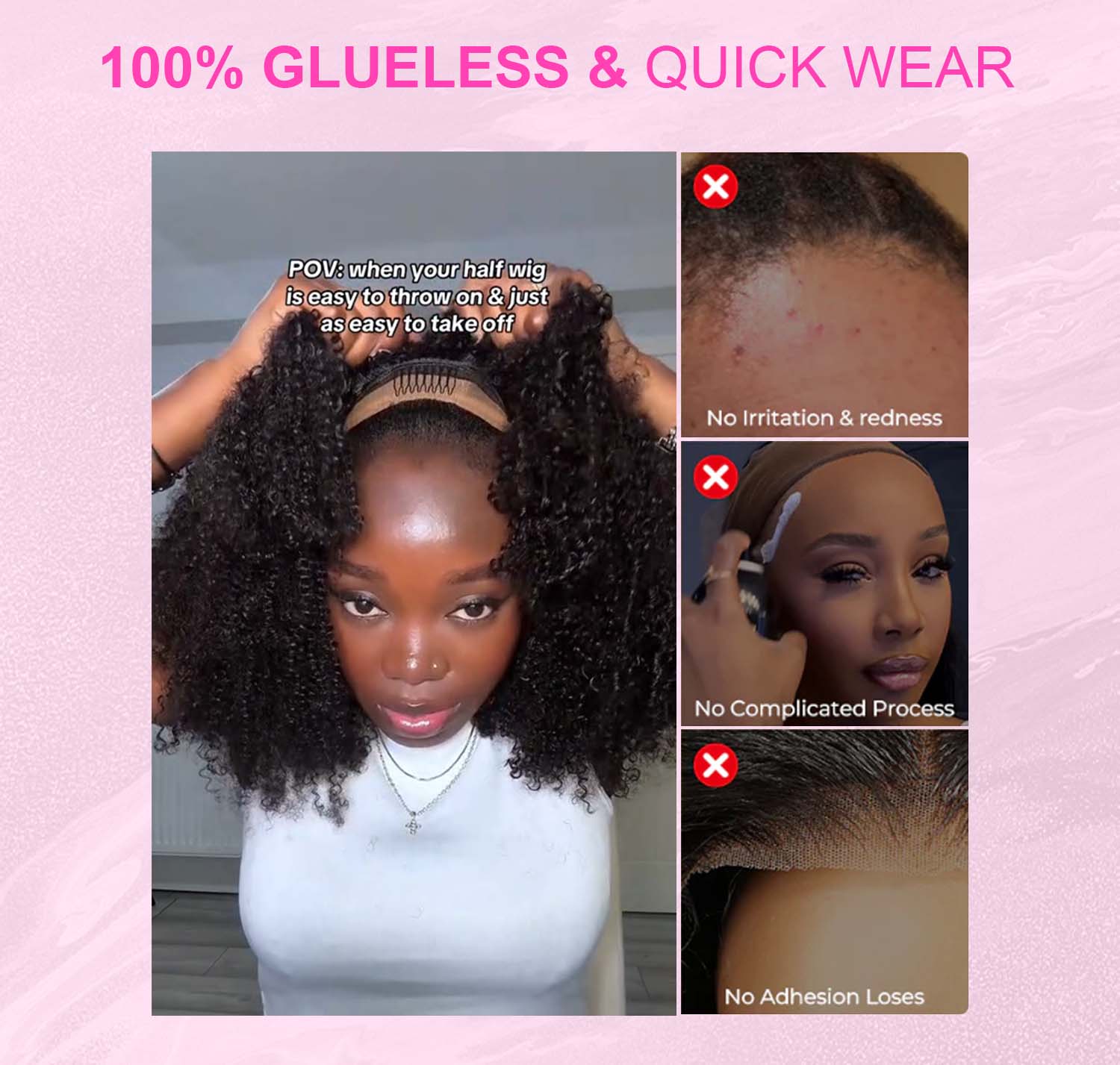 [Wear Go Half Wig] BGMgirl Invisible Hairline Afro Curly Kinky Straight Half Wig Glueless Human Hair Butterfly Yaki Layered Cut Wigs Water Wave Kinky Curly Seamless Flip Over Updo Down Style Hairpiece eve valentines day gift