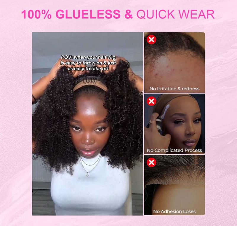 [Wear Go Half Wig] BGMgirl Invisible Hairline Afro Curly Kinky Straight Half Wig Glueless Human Hair Butterfly Yaki Layered Cut Wigs Water Wave Kinky Curly Seamless Flip Over Updo Down Style Hairpiece eve valentines day gift