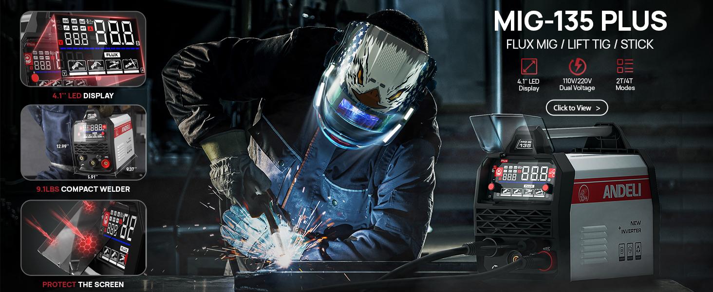 ANDELI 135Amp MIG Welder 110V/220V Dual Voltage Flux MIG/Lift TIG/Stick 3-in 1 Gasless Welder Flux Core Welder Portable Welding Machine Large LED Digtal Display IGBT Inverter with Welding Torch and Welding Wire