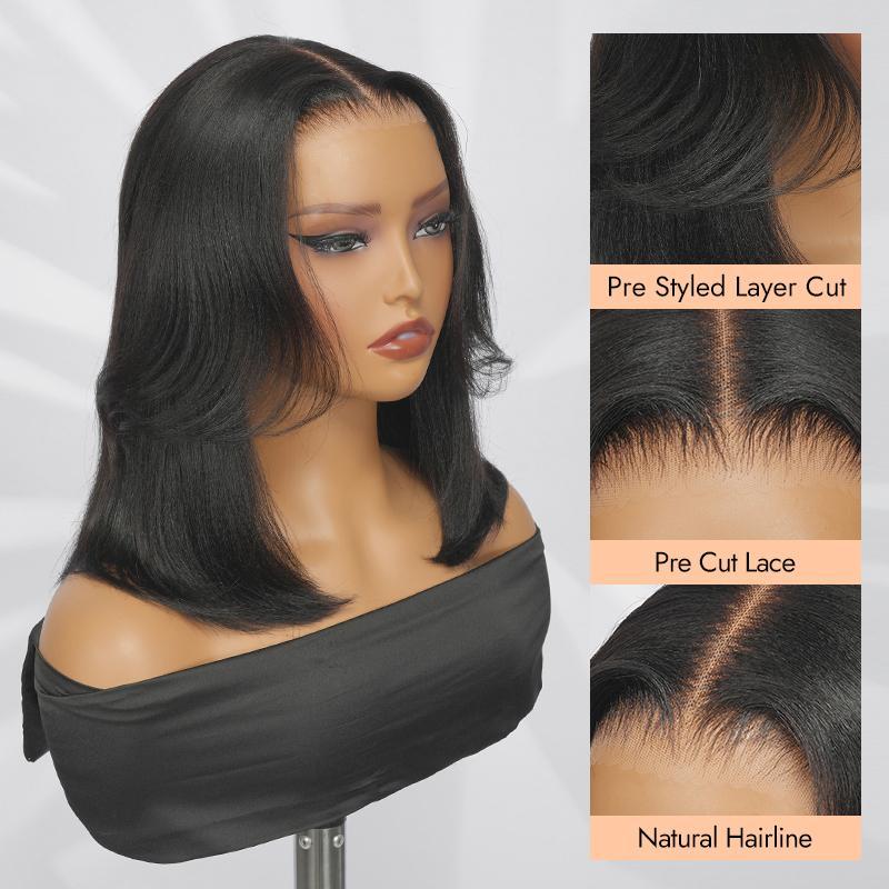 Wiggins Hair Glueless Layered Cut Yaki Straight Bob Wig 7*5 Lace Closure Wigs Human Hair Ready To Go And 99J Bob Wig Pre Plucked Beginner Friendly