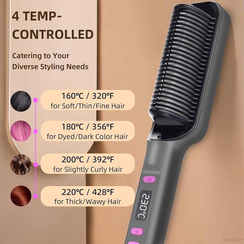 Hair Straightener Brush, Negative Ion Straightening Comb for Women, 10s Fast Heating, 4 Temp Modes 320°F–428°F, LED Display, Auto-Off, Dual Voltage, Black