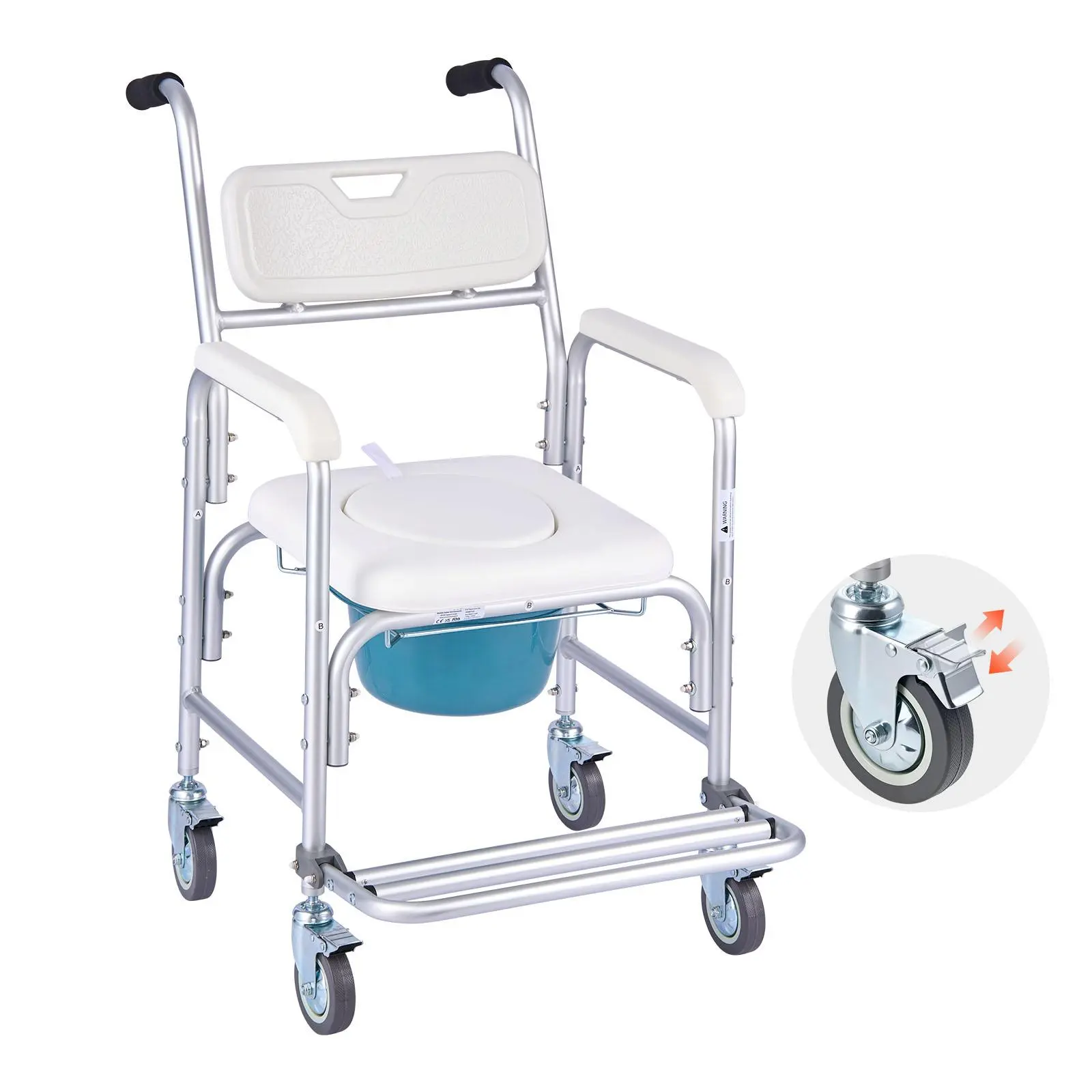 【SummerFinds】VEVOR Bedside Commode Chair with Wheels, 350 lbs Capacity, 4-in-1 Portable Toilet and Raised Toilet Seat with Padded Seat/Backrest/Flip-up Footrest, Detachable 5L Bucket, Shower Wheelchair for Seniors