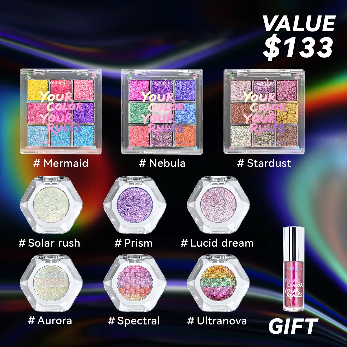 Ourbella Best Sellers All-In Eyeshadow Bundle Set With Gifts, Sparkly Iridescent Shimmer Makeup, Color-Shifting Eyeshadow Set, Long-Lasting Metallic Smooth formula Eyemakeup, Gift for girls