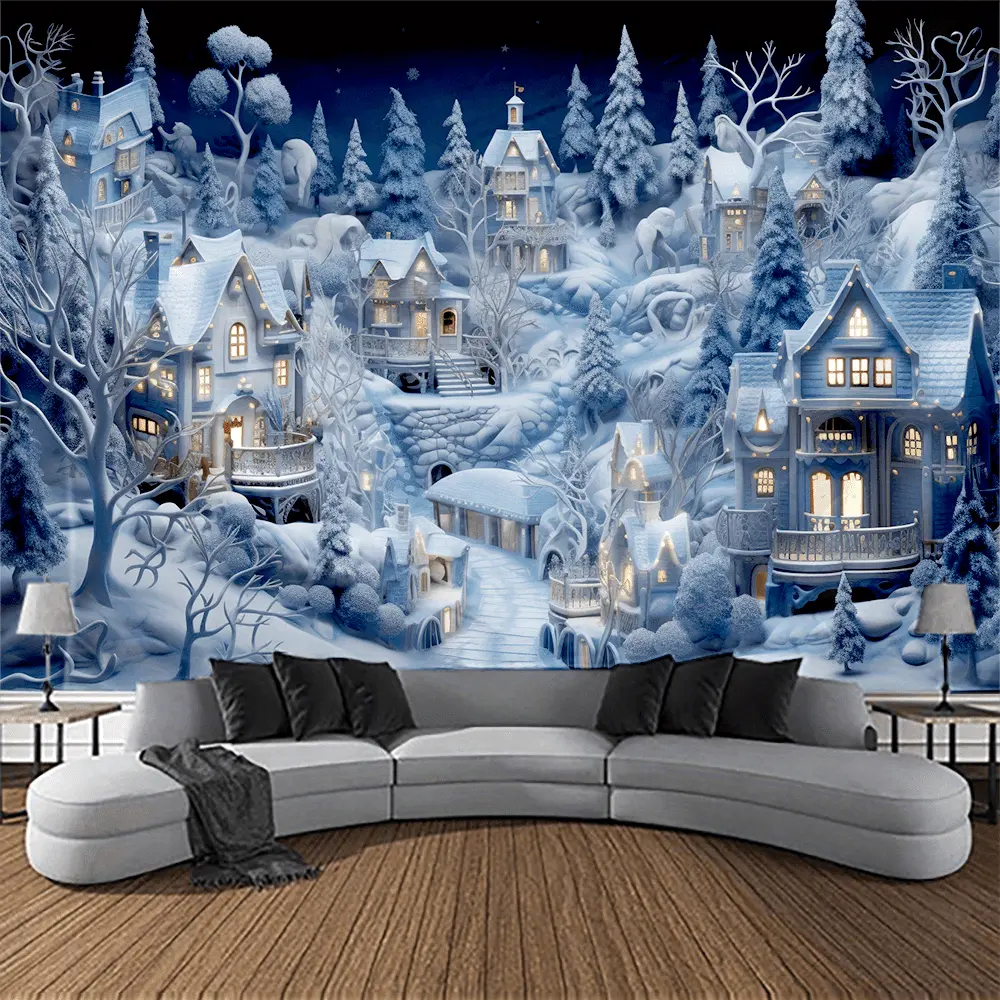 [3D Christmas Wall Tapestry] 3D Christmas Town Snow Scene Wall Tapestry Decor Winter Wonderland Backdrop, New Year Wall Hanging Decor for Living Room Dorm Party Garden Christmas Eve Hanging Tapestry Poster